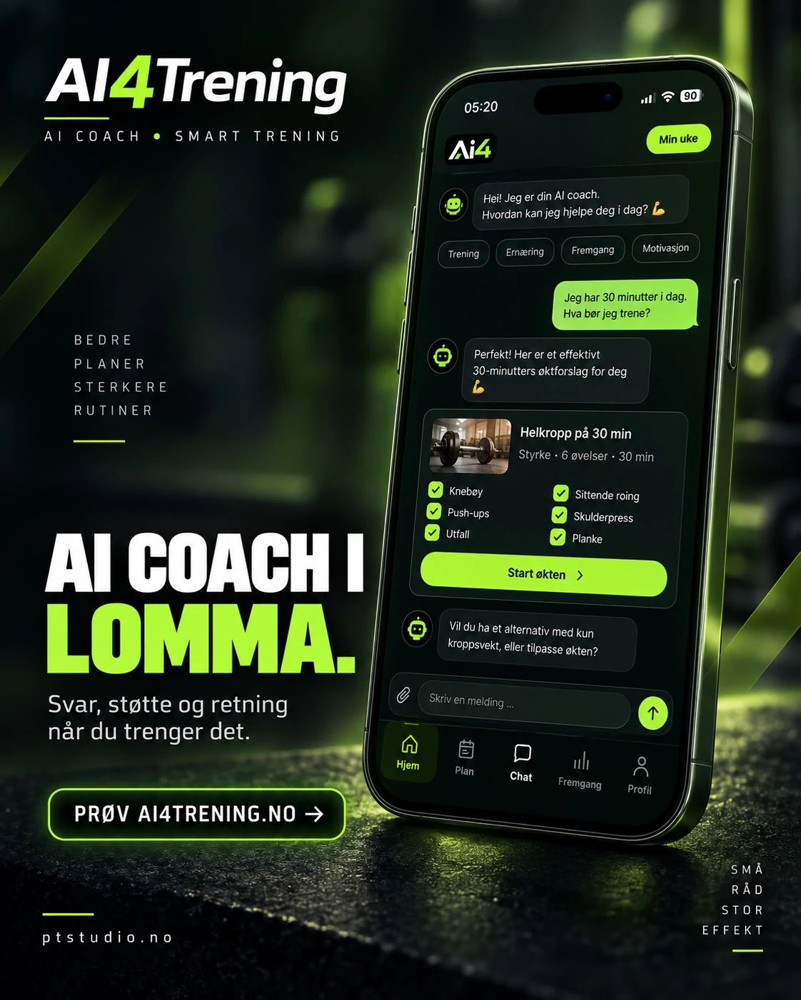 AI Coach og personlig treningsplan. Hel konseptplakat for AI4Trening.