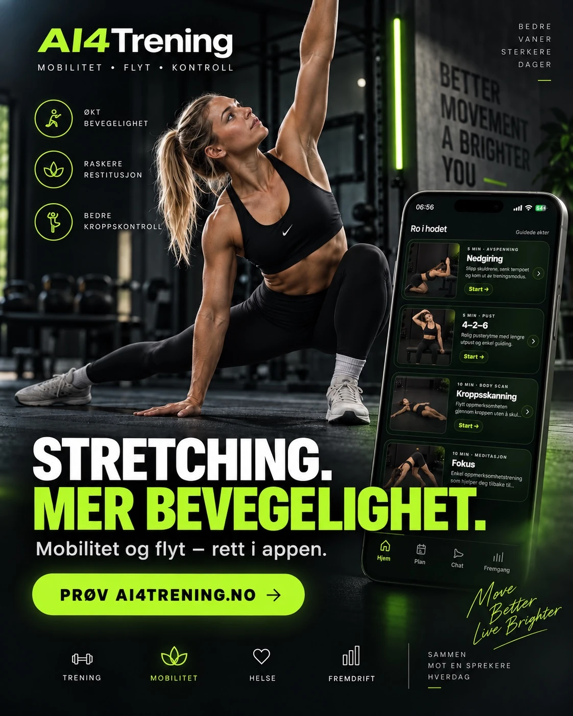 Stretching og bevegelighet. Hel konseptplakat for AI4Trening.